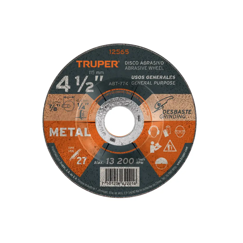 Disco Abrasivo 4 1/2", Desbaste Metal, Tipo 27, 6.4 mm Grosor, Truper [12565]