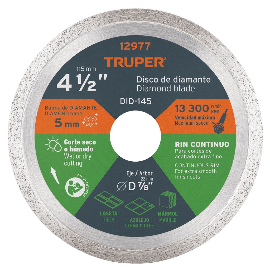 Disco De Diamante 4 1/2", Rin Continuo, 1.6 mm, Truper [12977]