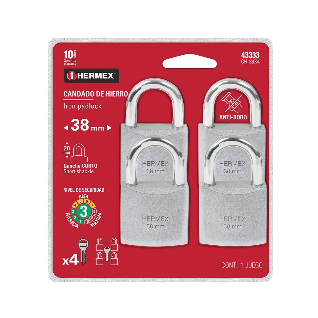 4 Candados Gemelos De Hierro, 38mm Con Gancho Corto, Hermex [43333]