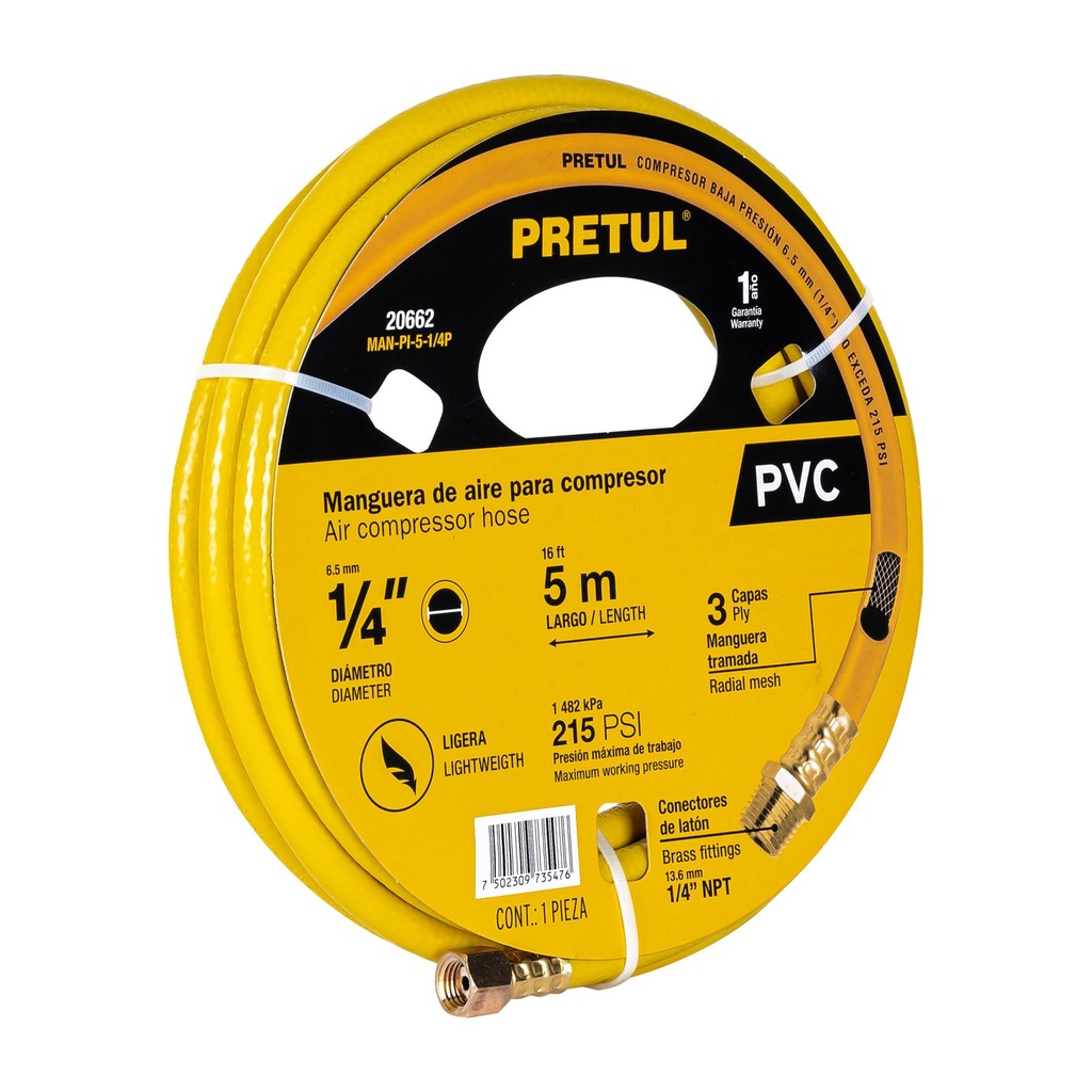 Manguera De PVC Para Compresor, 5 m x 1/4", Pretul [20662]