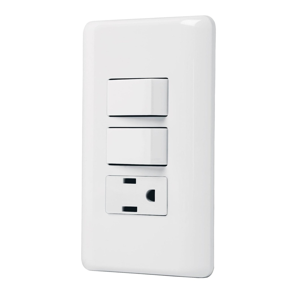 Placa Con 2 Interruptores Y 1 Contacto Aterrizado, Color Blanco, Volteck Basic [25081]