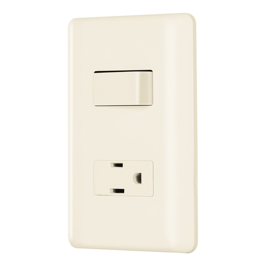 Placa Con Interruptor Y Contacto Aterrizado, Color Marfil, Volteck Basic [26634]