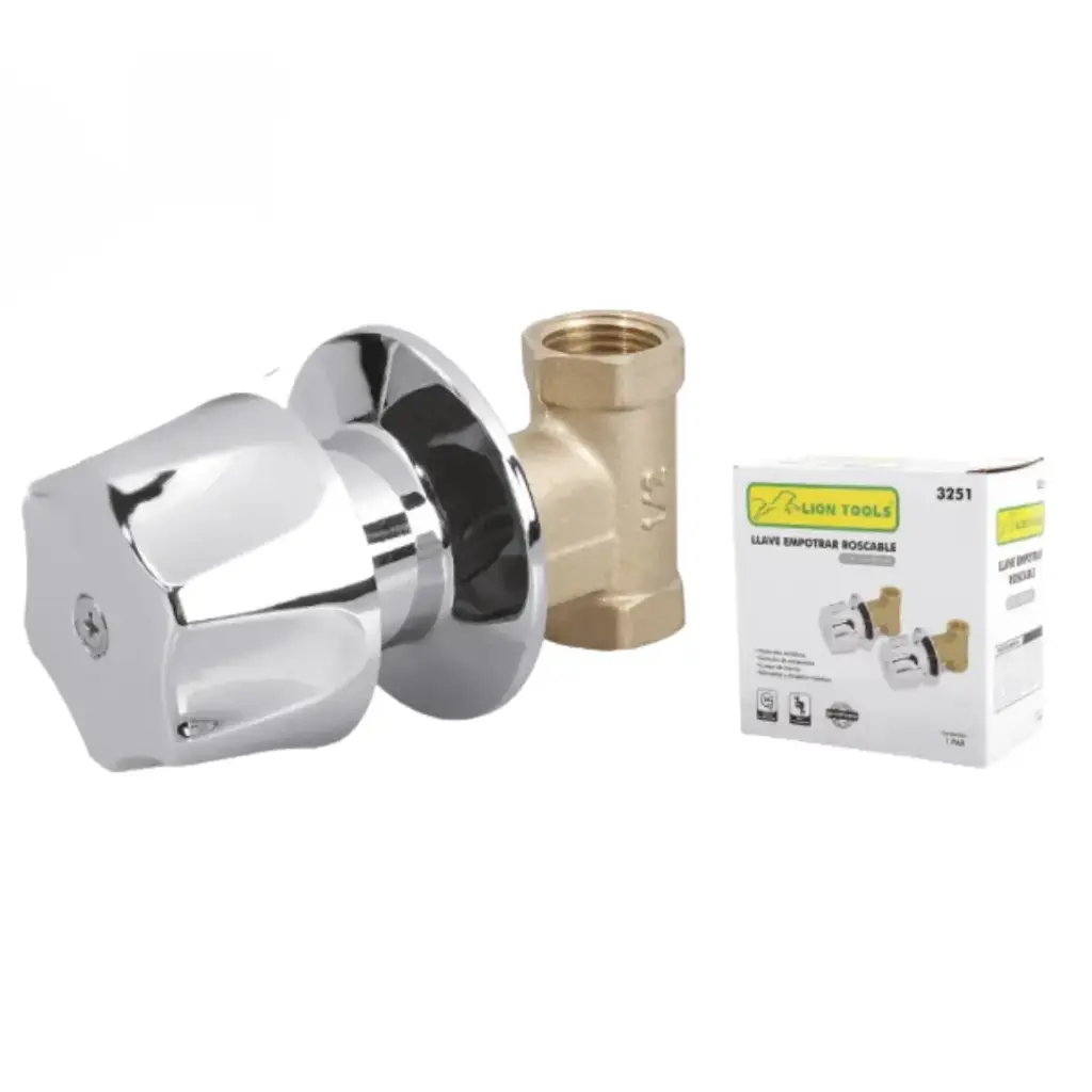Llave Empotrar Roscable 1/2", Cuerpo Bronce, Maneral Metálico, Vuelta Completa, Por Pieza, Lion Tools [L3251]