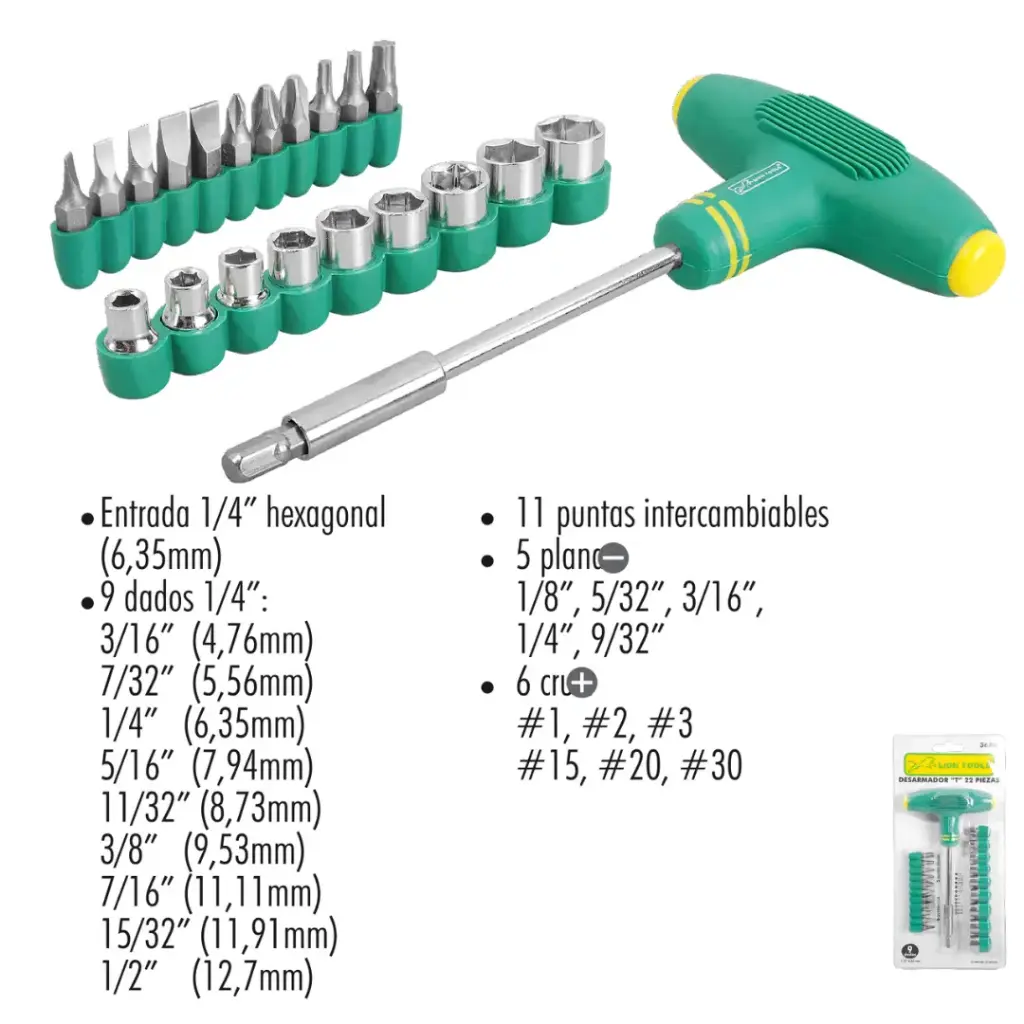 Juego Desarmador Tipo "T", Con Dados y Puntas, 22 Piezas, Lion Tools [L3686]
