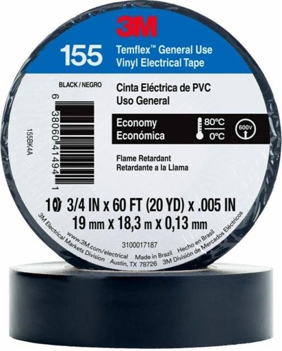 [3M155] Cinta Aislar Negra De 18 m, TemFlex, 3M [3M155]