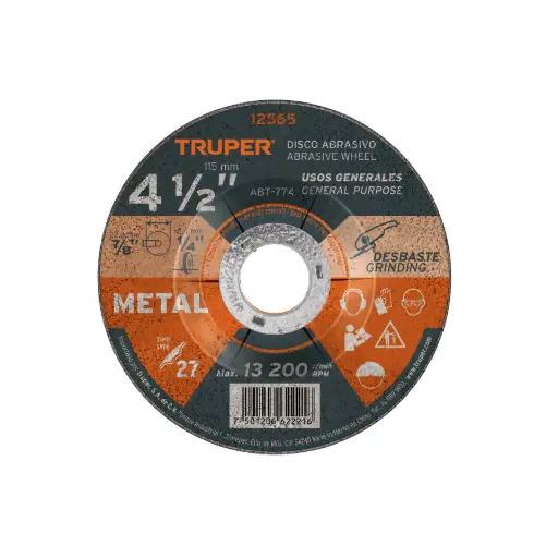 [12565] Disco Abrasivo 4 1/2", Desbaste Metal, Tipo 27, 6.4 mm Grosor, Truper [12565]