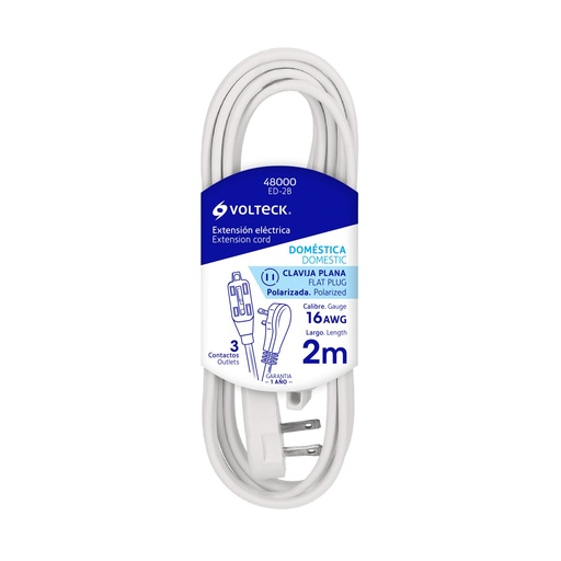 [48000] Extensión Eléctrica Doméstica De 2 m, Blanca, Volteck [48000]