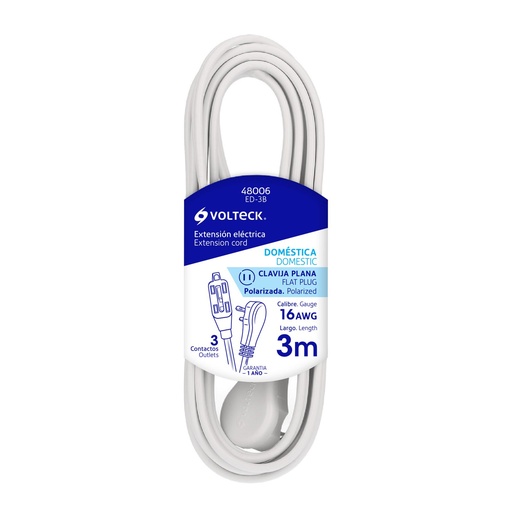 [48006] Extensión Eléctrica Doméstica De 3 m, Blanca, Volteck [48006]