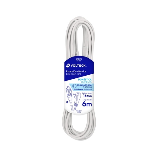 [48024] Extensión Eléctrica Doméstica De 6 m, Blanca, Volteck [48024]