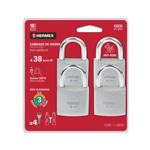[43333] 4 Candados Gemelos De Hierro, 38mm Con Gancho Corto, Hermex [43333]