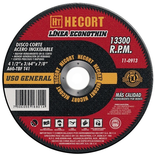 [110913] Disco Abrasivo Corte Acero Inoxidable, 4 1/2 x 3/64 x 7/8", T 41, Hecort [110913]