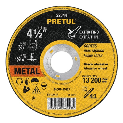 [22344] Disco Corte ExtraFino De Metal, 4 1/2" x 1.2 mm, Tipo 41, Pretul [22344]