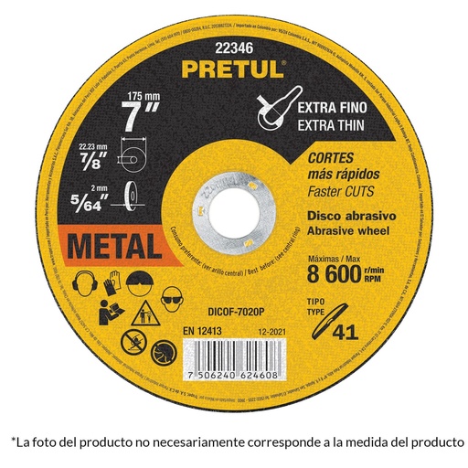 [22349] Disco Corte Fino De Metal, 7" x 1.5 mm, Tipo 41, Pretul [22349]