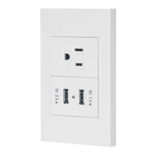 [45603] Placa Armada 1 Contacto, 2 Puertos USB, 1.5 Modulos, Linea Española, Blanco, Volteck [45603]